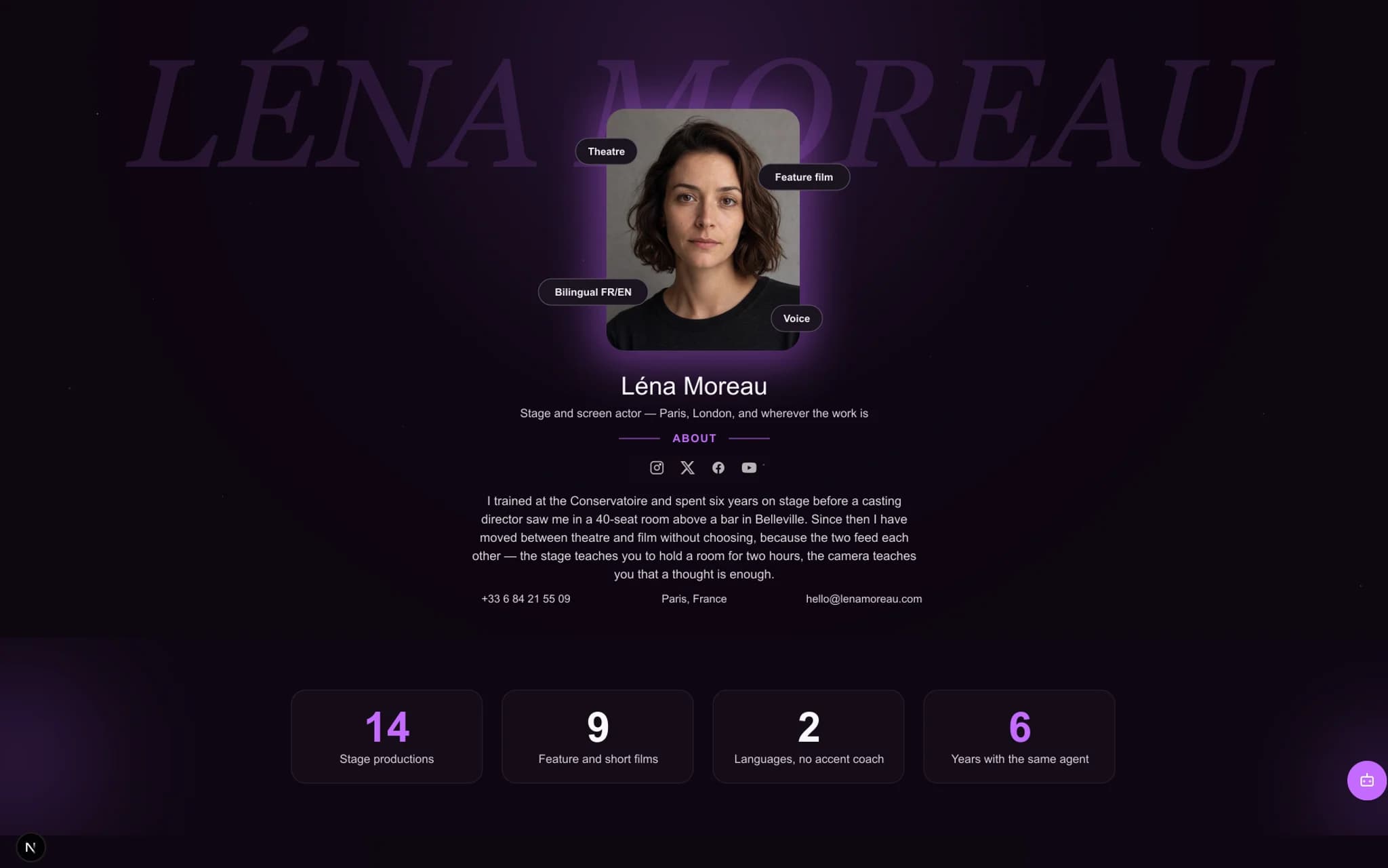 A published oReel portfolio in the Aurora template